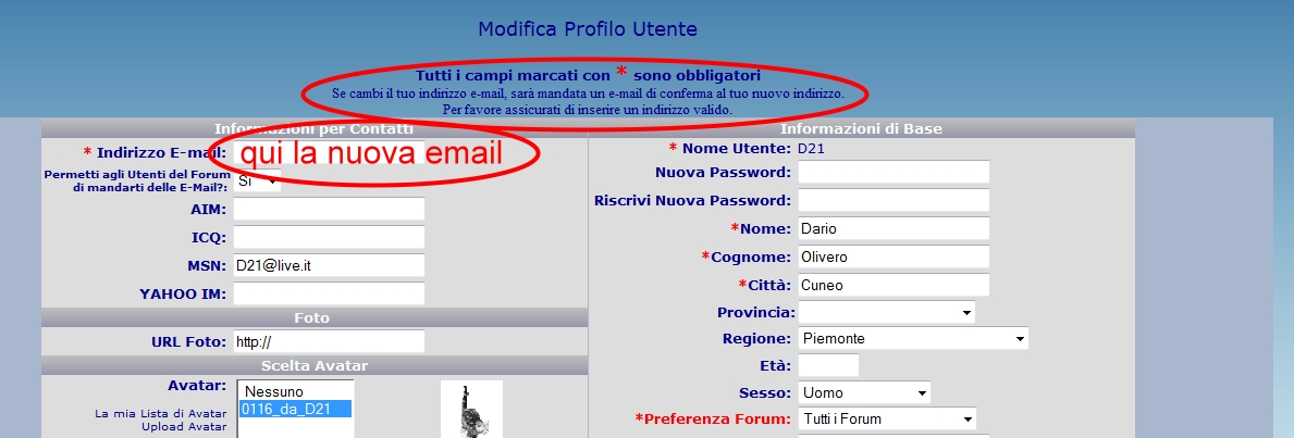 Cambiare indirizzo email